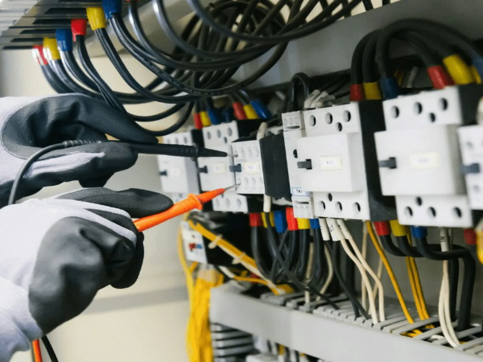 Elektryk pogotowia DGinstal-bud sprawdza tablicę elektryczną podczas awarii